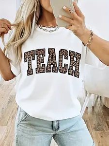 Women's Teacher T-Shirt - TEACH Letter Print Round Neck Short Sleeve Top Suitable for Teachers and Staff - Teacher's Day Gift, Events, Casual Educator Apparel (Machine Washable)