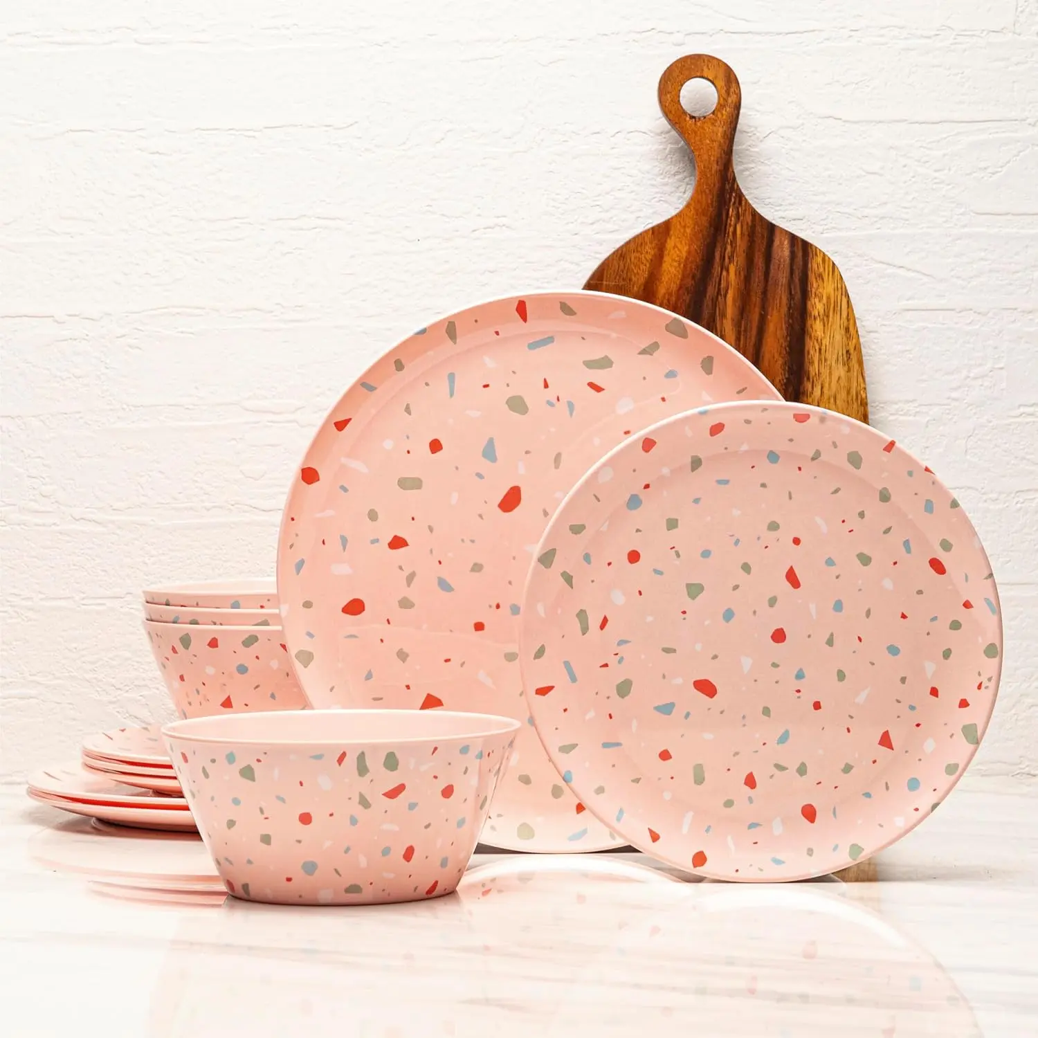 12- Melamine Dinnerware Set - Confetti  Plates and Bowl Lightweight  Dishwasher Safe Dish Set for Indoor & Outdoor Use -  for Camping, BBQs,  Parties