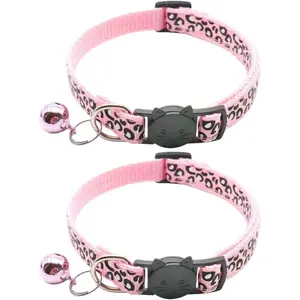 Reflective 2 Pack Breakaway Cat Collars with Bell Leopard Pattern Cute Kitty Adjustable 7.5-12.5 Inch Safe Kitten Collars Charms (Pink)