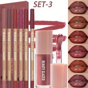 beauty glazed 7pcs/Set, Moisturizing Glossy Lip Glaze + 6pcs Lip Liner Set, Matte, Waterproof And Long-Lasting, No Smudge, Moisturizes Lips, Daily Makeup, Create A Perfect Lip Makeup
