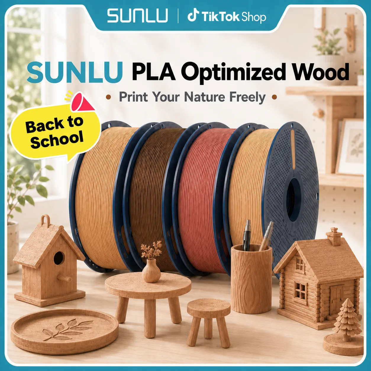 Back to School | SUNLU Authentic Wood PLA 3D Printer Filament, 1KG Roll, 1.75mm × 330m, Natural Matte Finish, Enhanced Wood Texture, High-Speed Printing Compatible,back to school,back to school haul