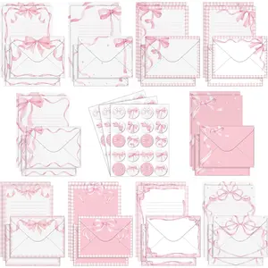 160 Pcs Pink Bow Stationery Paper Set for Girls with Letter and Envelopes - 50 Double Sided Papers, 50 Matching Envelopes, 60 Round Dot Stickers, 10 Designs (5.5 x 8.25 Inch)