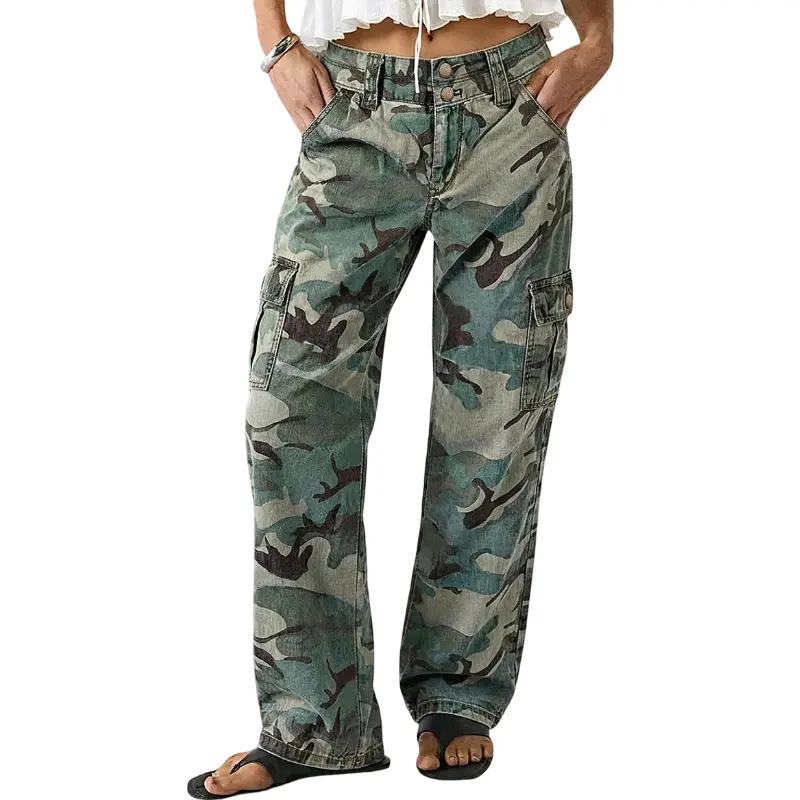 Flamingals Camo Print Flap Pocket Mid Waist Straight Leg Cargo Pants Stretchy 30.3'' Inseam
