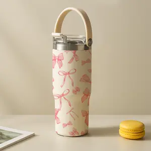 AuraCup 30oz skinny insulated mug, Insulated Cups, Stainless Steel Flask, double wall thermal cup with leak-proof lid, pink bow style, hot cold drinks tumbler, gift for women, birthday, keeps warm 12h cold 24h, cup for work school travel