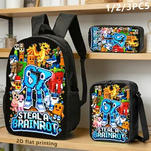 Steal a Brainrot 3-Piece Backpack Set, Viral Meme Pixel Characters Print School Bag + Lunch Bag + Pencil Case, Oxford Cloth Adjustable Strap Daypack for Gamers & Meme Fans