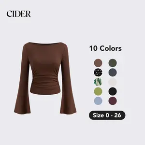 Cider Boat Neck Solid Ruched Long Sleeve Tee