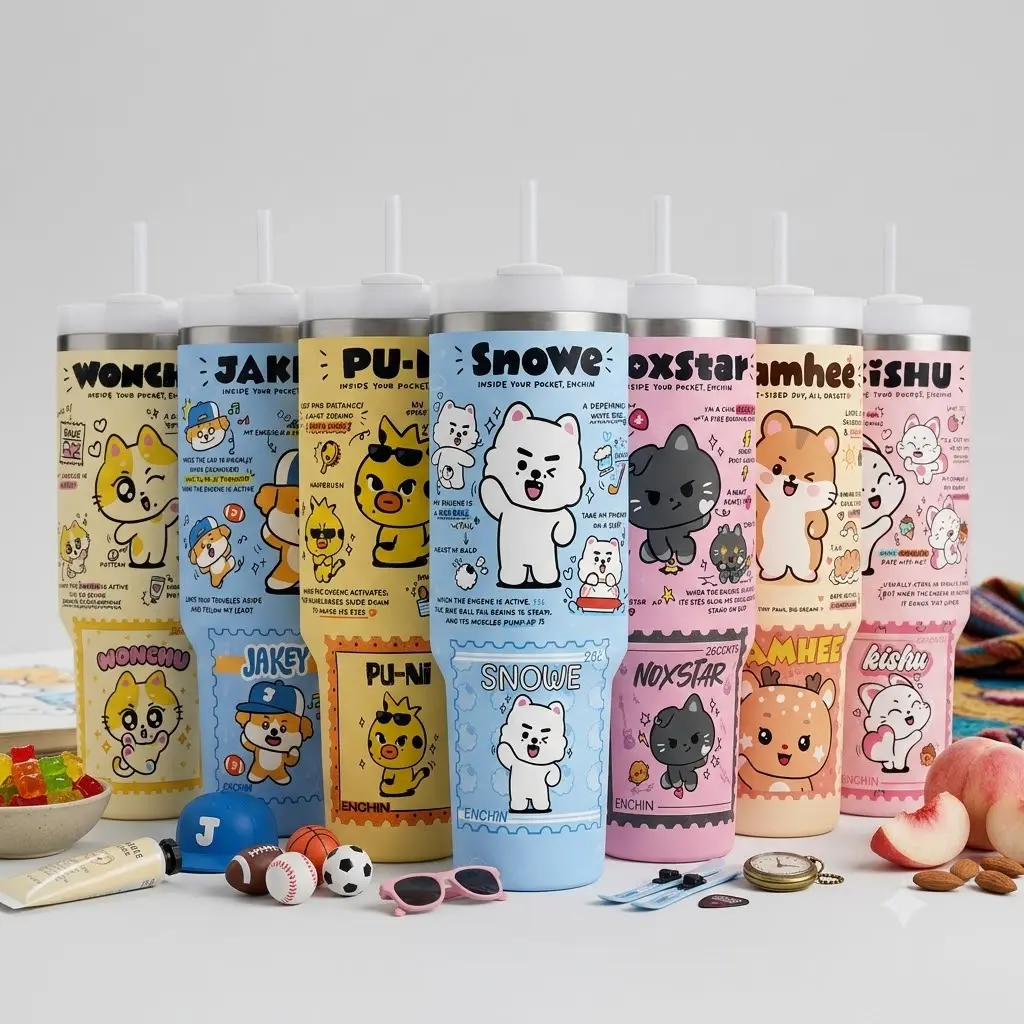 En.chin Cute Mascot Tumbler 20oz/30oz/ 40oz, Inspired Travel Cup, Animal Straw Tumbler, Cute Kpop Fan Gift, Kawaii Idol Cup for Stay Fans
