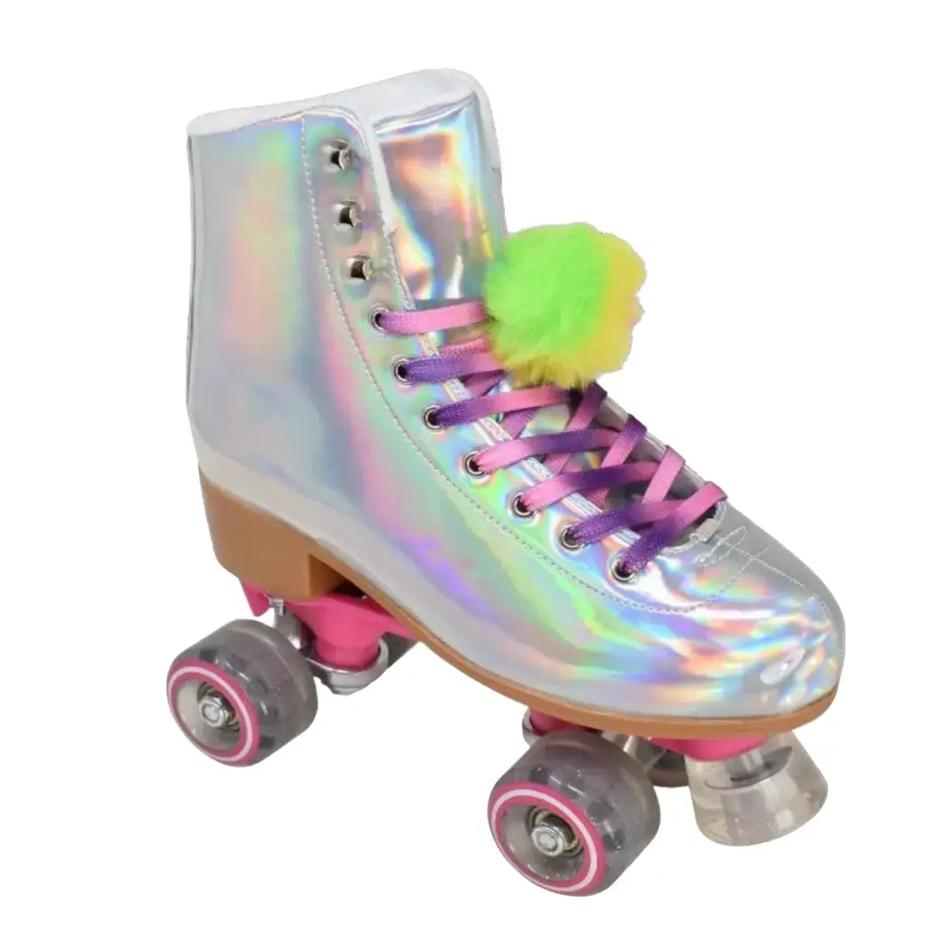 Women's High-Top Lace-Up ARCHIE-30 Silver Holographic Roller Skates with Rainbow Pom for Roller Skating, Whole Size