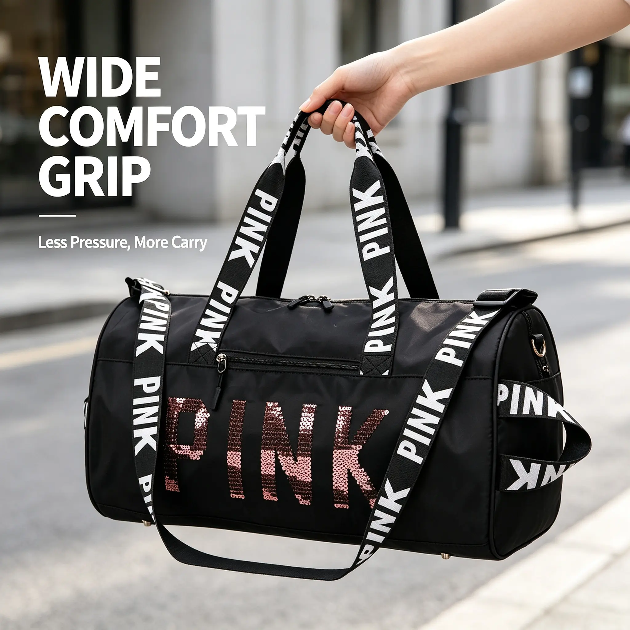 Unisex Black Sequin Gym Duffle Bag - Adjustable Strap, Lightweight, Waterproof, Spacious, Large Capacity Yoga Sports Bag, Carry-On Shoulder Handbag for Weekend Overnight Getaways, Travel college dorm