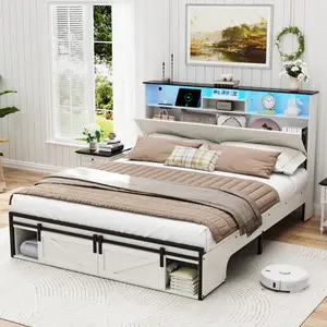 Full/Queen Size Bed Frame with Storage Headboard,Charging Station and LED Lights, Farmhouse Wooden Platform Bed with Sturdy Slats, No Box Spring Needed, for Teens Adults