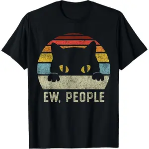 Ew People Cat Graphic T-Shirt for Women, Funny Retro Round Neck Short Sleeve Tee in Lightweight, Smooth 100% Cotton Fabric