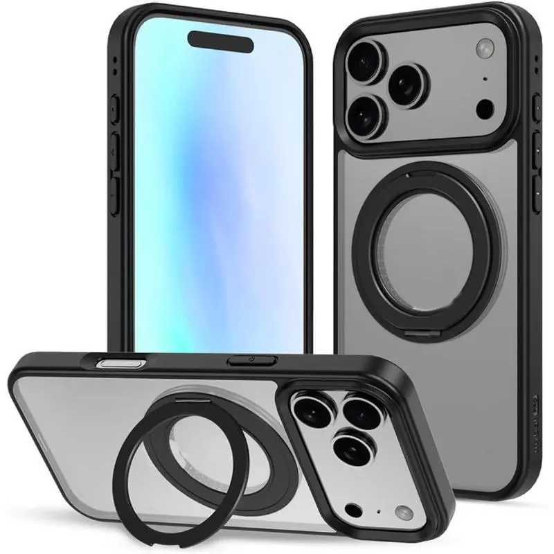 Black Shell Acrylic-Metal Magnetic Phone Case with 360° Rotating Integrated Stand-Ring, Heavy-Duty Military-Grade Shockproof Protection, Wireless Charging Compatible for iPhone 13-17 Pro Max, Mobile Accessory with Screen Protector