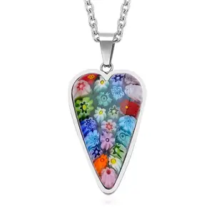 Stainless Steel Glass Murano Style Multi Color Beaded Cross Choker Pendant Necklace Delicate size 20" Catholic Faith Christian Religious Birthday Jewelry Birthday Christmas Gifts for Women