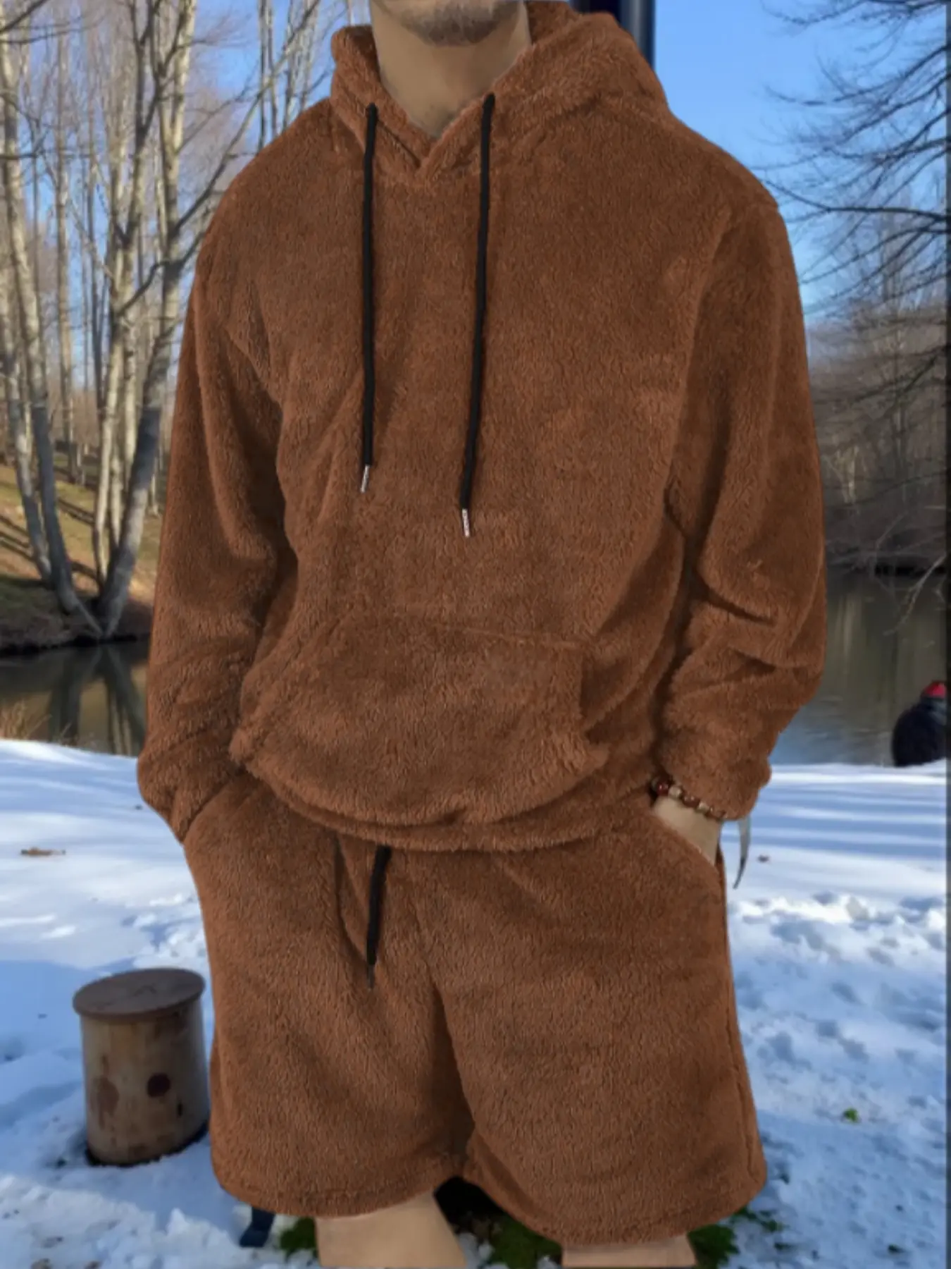 Men's 2-piece autumn and winter hooded sweatshirt drawstring pockets shorts set, Casual matching sets, soft fleece material, loose fit, casual sportswear suitable for couple's daily home wear