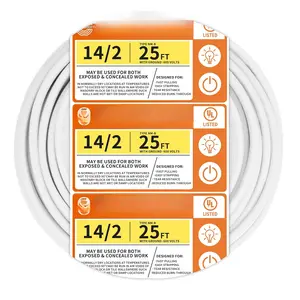 Solid Indoor 14/2 W/G NMB  25ft Coil,Electrical Wire 14 Gauge Wire 2 Conductors Non-Metallic with Ground Wire(White)