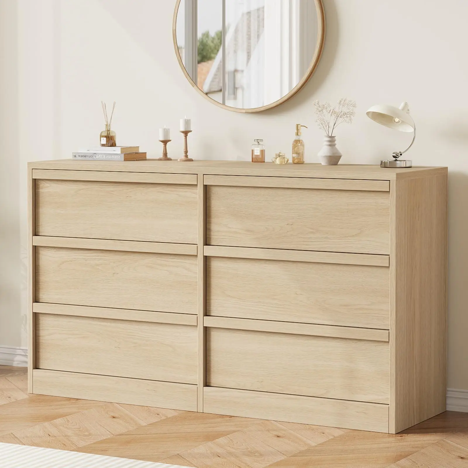 6-Drawer Natural Oak Wood Dresser - 46.7"w x 15.9"d x 29.3"h, Large Drawers, Anti-Tipping Device, Easy Setup Organizer for Bedroom, Nursery, 6 Drawer Dresser