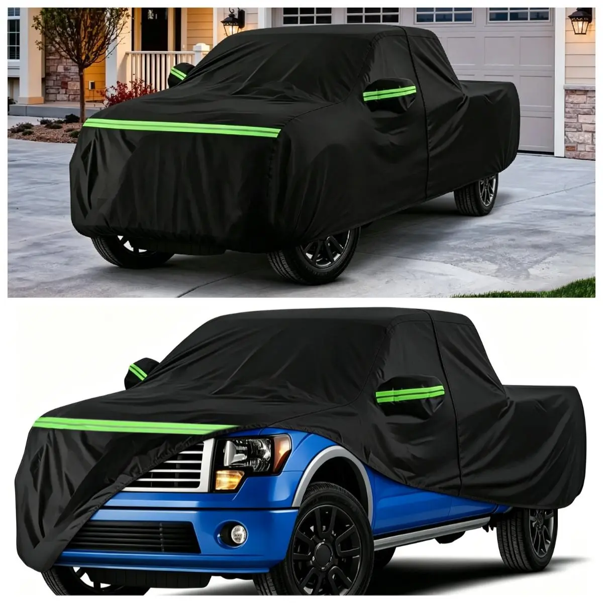 Pickup Truck Car Cover – All Weather Outdoor Protection with Reflective Strip, UV Resistant Waterproof Dust Rain Sun for Full Size Pickup