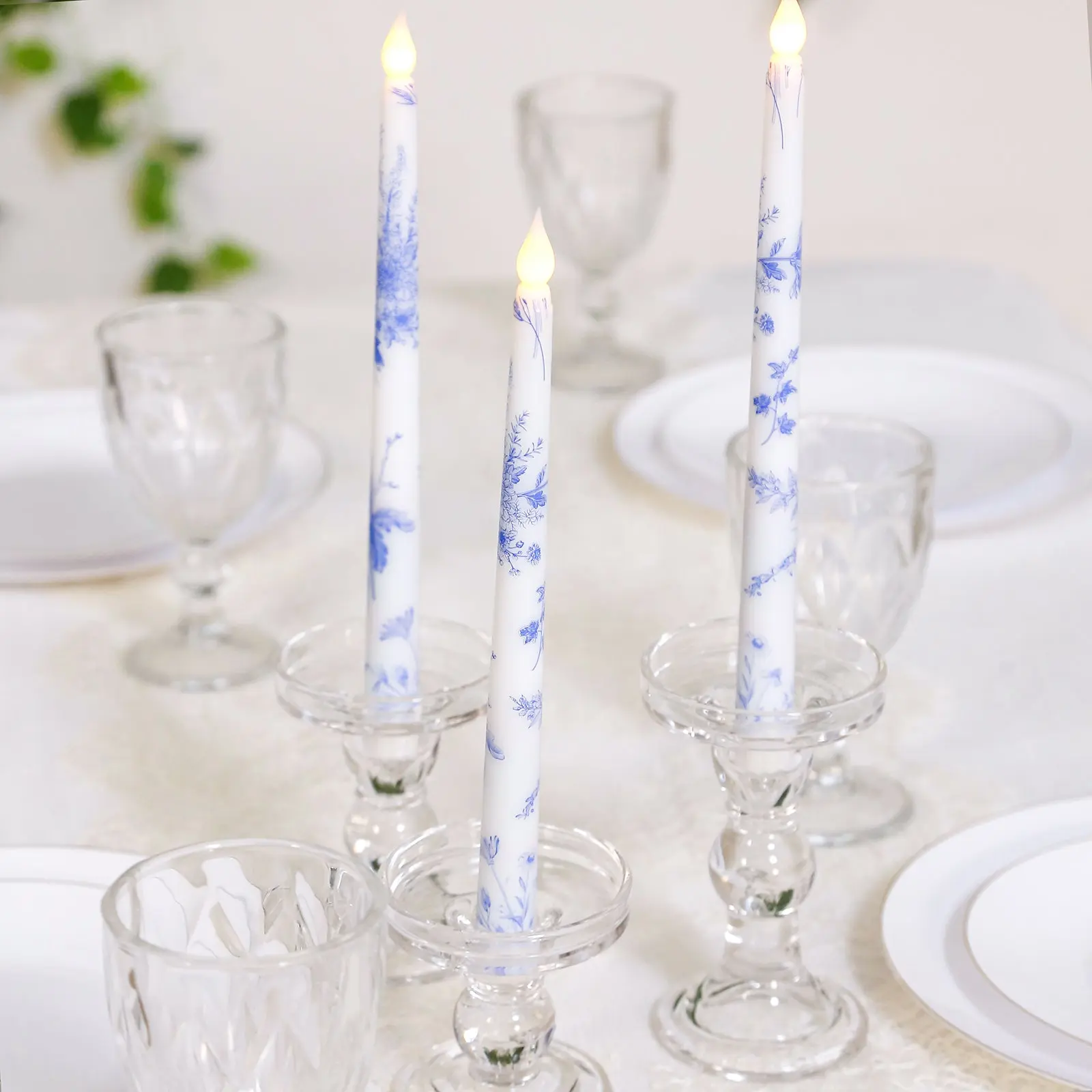 11" LED Flameless Taper Candles 6-Pack - Battery Operated Flickering, White & Blue French Toile Design, Ambient Decor Lighting, Decorative Night Light, Fire-Safe LED Candler, Promo Gifts for Home Decor