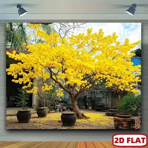 1PC,2D Flat Spring Courtyard Yellow Flower Tree Backdrop, Pastoral Style Photography Decorative Tapestry, Indoor And Outdoor Shooting Scene Arrangement Curtain, Living Room Bedroom Wall Decorative Hang