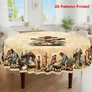 1pc, Easter Themed Party Tablecloth, Vintage Nativity Scene Rabbit Colored Eggs Floral Printed Design, Rectangular/Round/Oval Table Cloth, Embossed Edges, Suitable For Picnic Dinner Kitchen Dining Room Decoration, Home Ornament, Gift