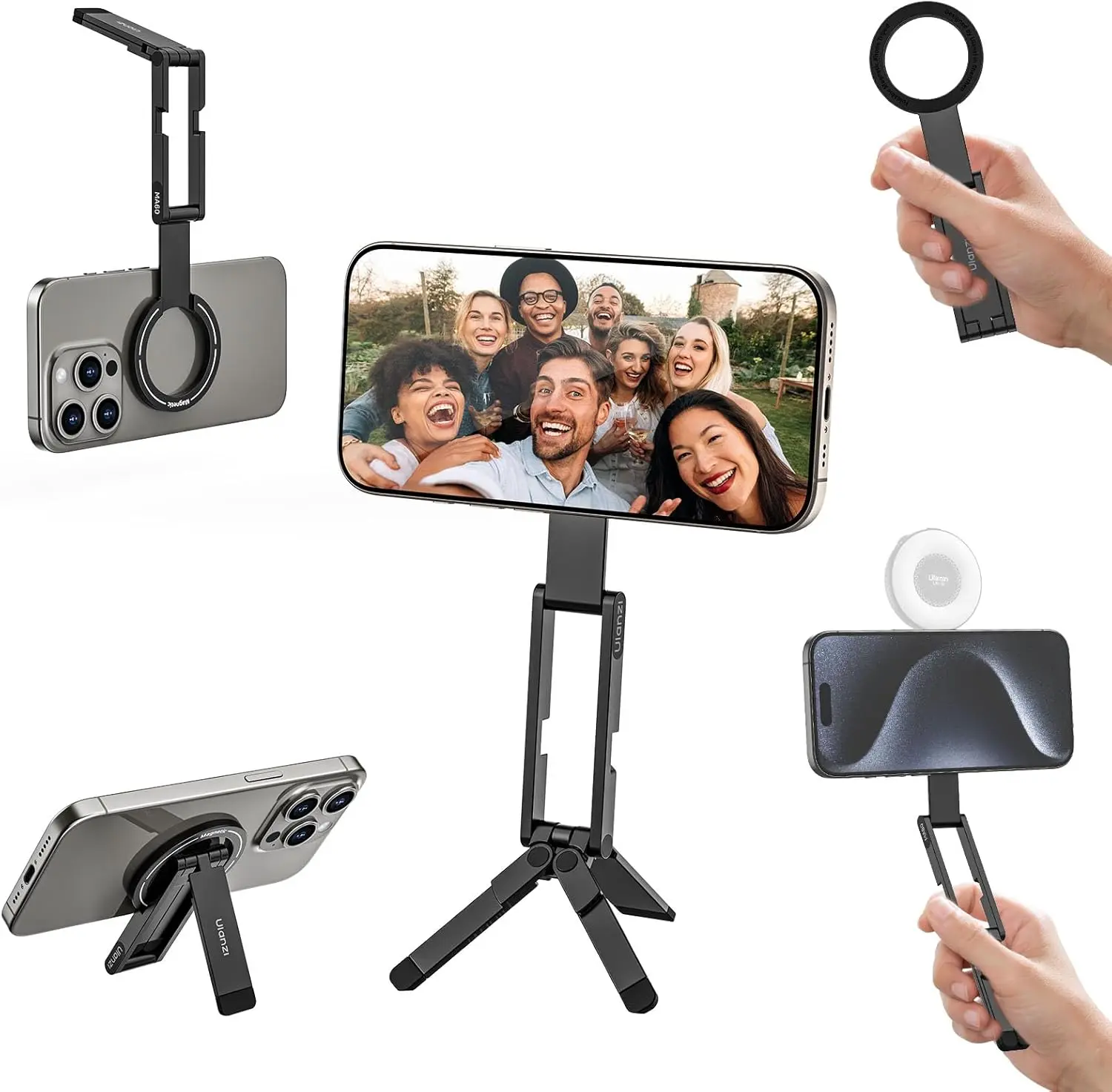 Ulanzi MA60 Magnetic Phone Stand for iPhone Aluminum Mini Foldable Tripod Pocket-Sized Cell Phone Stand with Magnetic Quick Mount Compatible with iPhone 12 13 14 15 16 Models - Smartphone Video Rig