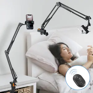 Phone Holder for Bed Desk, Overhead Phone Mount with  Remote, Flexible Phone Stand Lazy Bracket Mount Long Arms Clamp for , ,  Pixel,