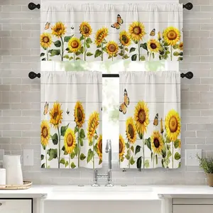 Sunflower Kitchen Window  Valance And Tier Set, Spring Butterfly Summer Short  for Window Treatment Tiers for Living Room Bedroom casual home decor high ceiling curtains inganchos custom drapery panel doble layer darkening floral print ruffle boho