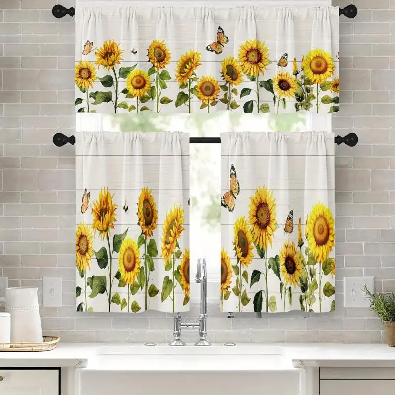3-Piece Farmhouse Sunflower Semi-Sheer Light Filtering Colorful Vintage Floral Beautiful Patterns Kitchen Curtains Set - Floral Tier & Valance Drapes, Cafe Curtains for Small Windows, Laundry Room, Colorful Curtains, Vintage Floral Curtains