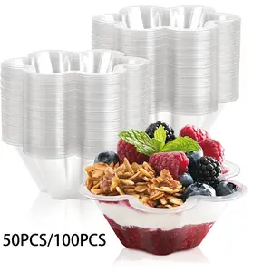 50/100 Disposable Plastic Dessert Bowls, Transparent Floral Cream Party Bowls, Ideal for Ice Cream, Fruits, Strawberries, Salads, Nuts, Pudding, Clear Plastic Bowls