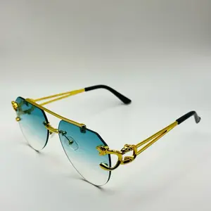 Unisex Bold Gold Metal Panther-Arm Semi-Rimless Aviator Sunglasses - UV-Protection Blue Gradient Lenses, Unique Temple Design, Edginess Luxury Fashion Accessory for Spring Glow Up