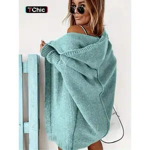 Women’s plain drop-shoulder hooded midi cardigan (without top), casual chic long-sleeve open-front knitwear for daily outdoor wear, women’s knitwear gift??