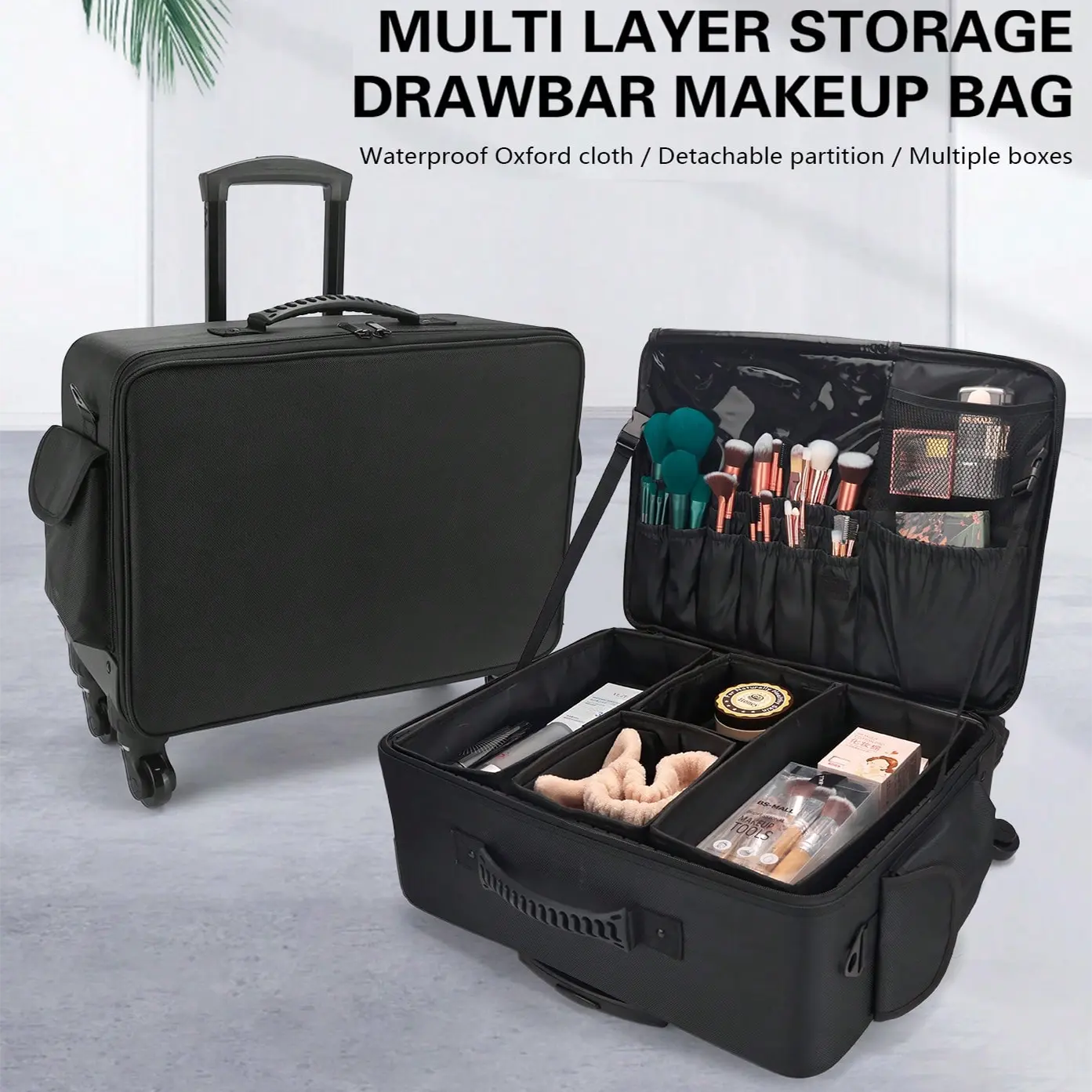 Rolling Makeup Train Case, Large 3-Tier Professional Trolley with Adjustable Dividers, Multi-Functional Cosmetic Organizer for Makeup Artists & Stylists, Black, Makeup Organizer Pouch
