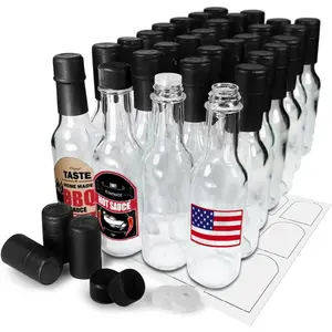 5oz Hot Sauce Bottles, Empty Clear Glass Woozy Bottles with Shrink Capsules, Small Wine Bottle with Shirnk Bands, Canning Bottle Cap Orifice Reducer Self-Printable Labels Free Design Template 30 BLACK