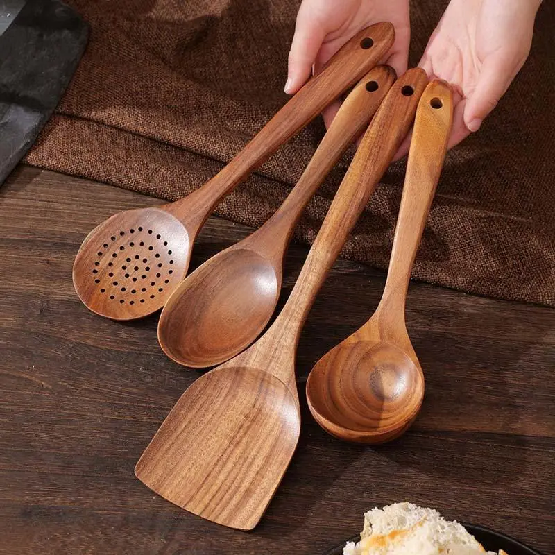 5Pcs Wooden Kitchen Utensil Set, Non-scratch Wood Cooking Spatula Turner Ladle, Anti-scald Long Handle Wood Cooking Tools, No Burr Wooden Spoon Set for Non-Stick Pan