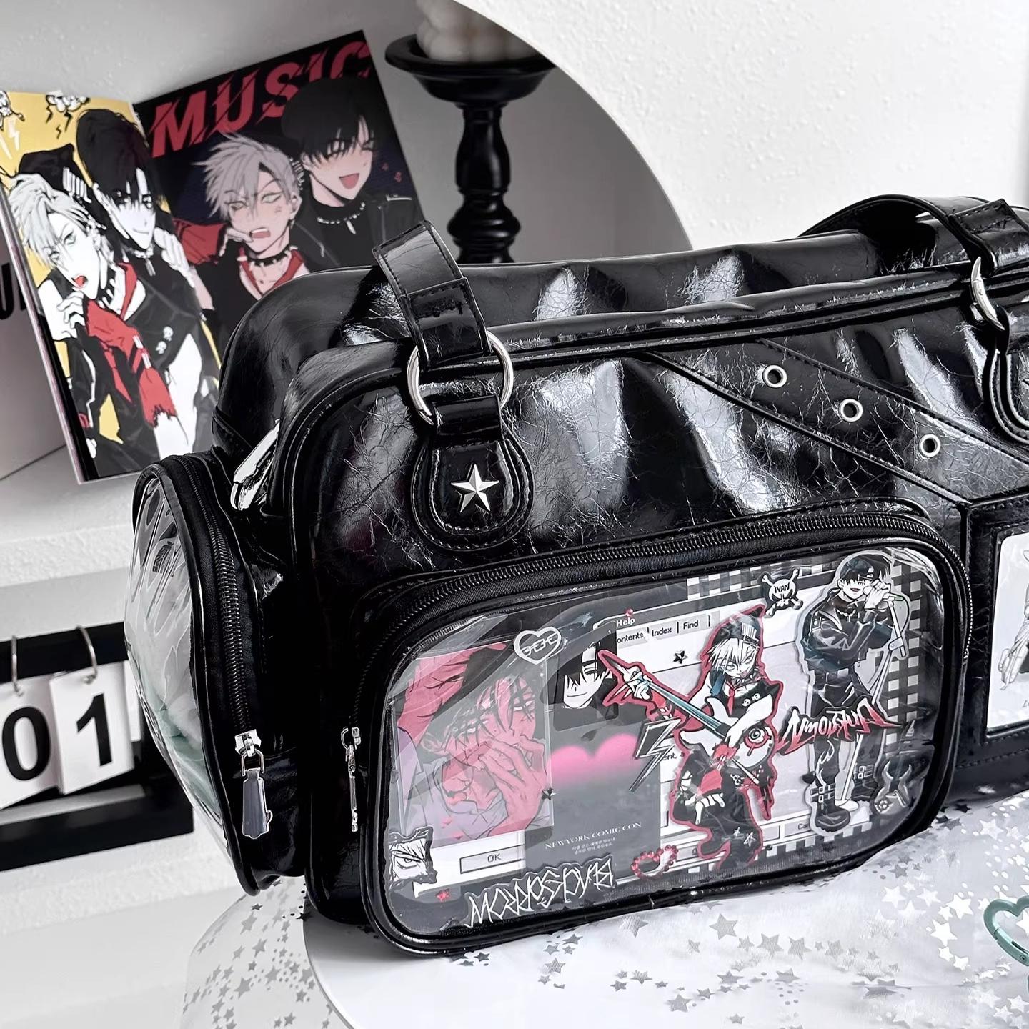 Large Capacity Ita Bag with Star Accent, Transparent Pocket Anime Badge Display Tote Bag, Kawaii Aesthetic Anime Merch Bag for Cosplay & Daily Use, Cute Casual Shoulder Bag for Anime Girls