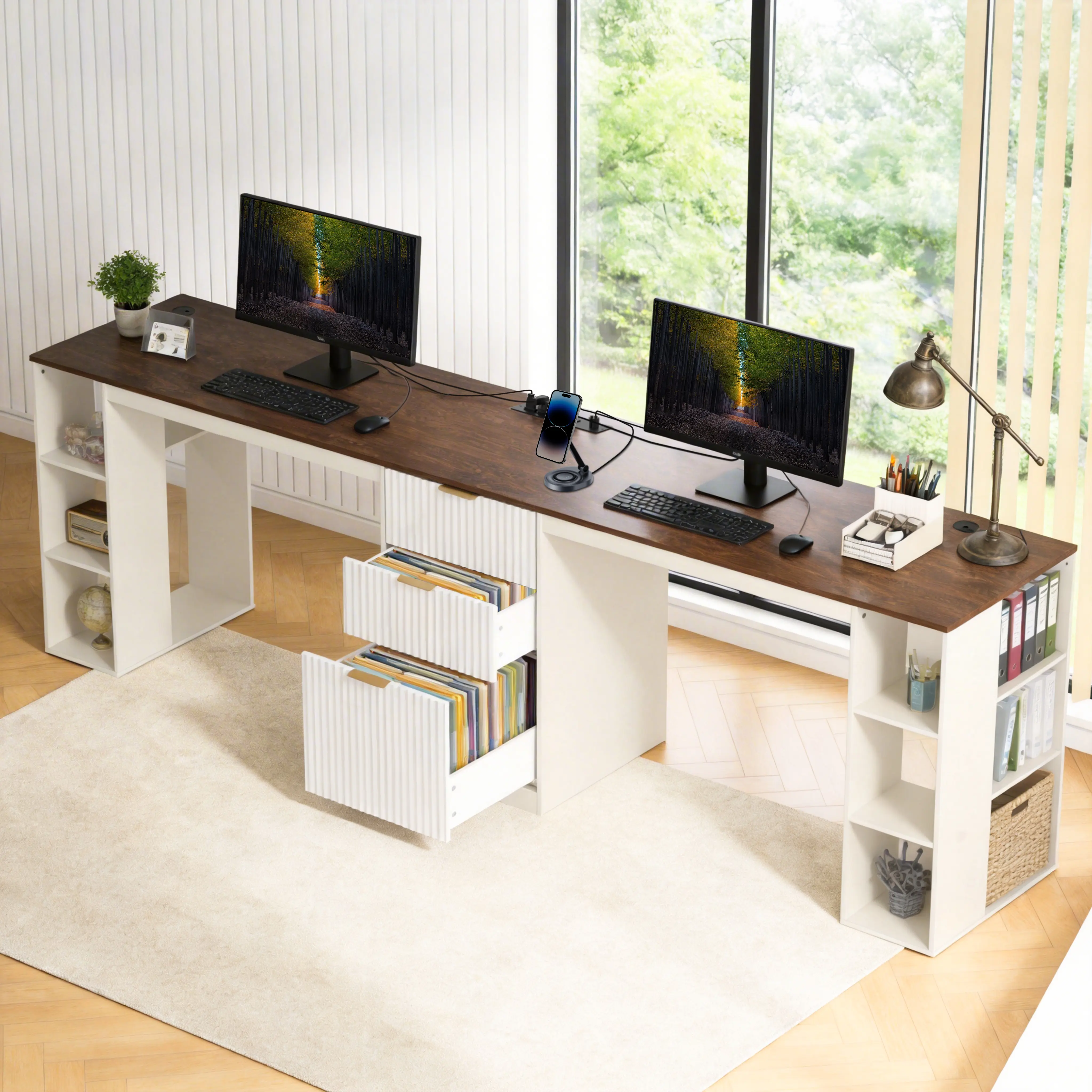 NORTHSKY 96.5 Inch Double Workstation Desk  with Drawers & Power Outlets,  with Storage Shelves and USB Ports for 2 Person Computer Desk Home Office, Black