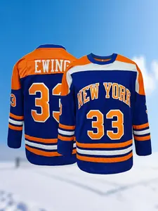 Men's Letter & Number Embroidery Hockey Jersey, Blue & Orange Hockey Sportswear, Vintage Long Sleeve V Neck Hockey Ball Uniform, Athletic Shirts for Men,Casual Sporty Top, Athletic Fashion Activewear