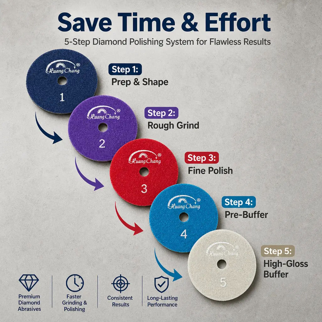 4 Inch Diamond Polishing Pads with 5/8’’-11 Backer Pad, 5-Step Triangle Dry Polish Pad Kit for Concrete Marble Rock Countertop Quartz