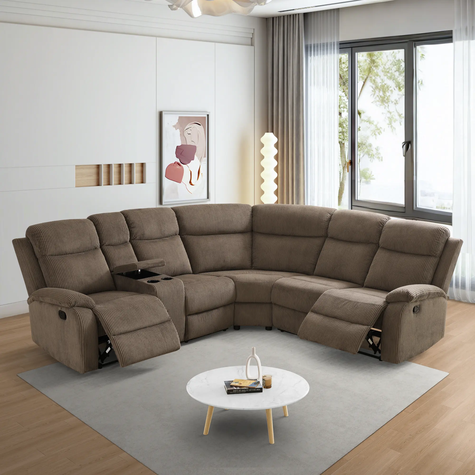 6-Seat Corduroy Upholstered Sectional Sofa Couch - Manual Reclining L-Shaped Corner Set with Coffee Table, Cup Holders, Adjustable Footrest, Sectional Sofa Couches for Living Room Casual Indoor Furniture