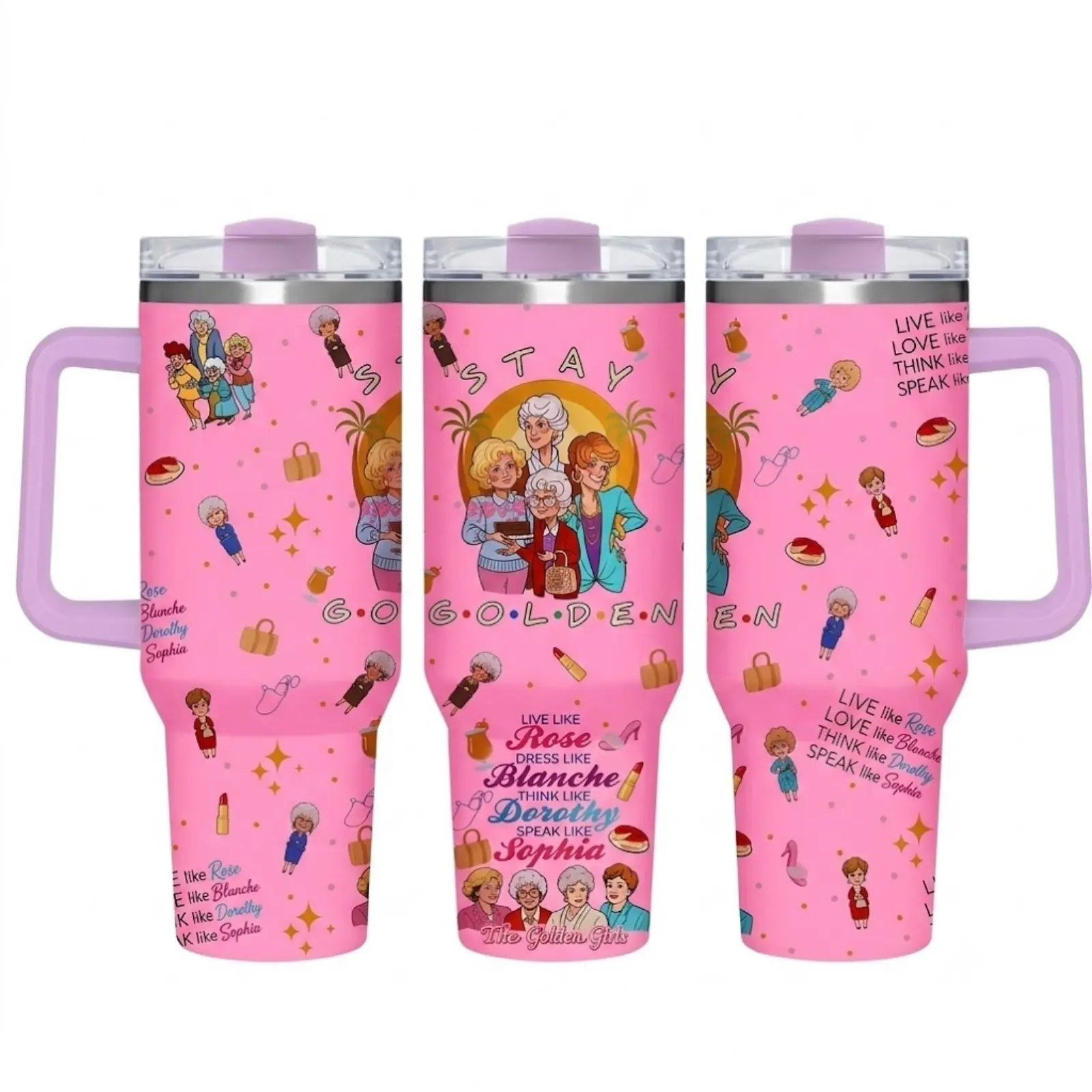 Golden Girls Inspired 40oz Stainless Steel Tumbler with Handle and Lid, Double Wall Vacuum Insulated Travel Mug for Coffee, Water and Tea, Keeps Hot 3Hours and Cold 9 Hours, Funny Retro TV Show Gift for Women, Mom, Grandma, Best Friend and Fans