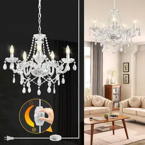 Plug in Chandelier Dimmable,5 Lights K9 Crystal Glass Pendant Light Fixture, Modern White Candle Hanging Chandelier for Bedroom Living Dining Room Kitchen Island