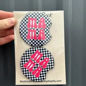 Checkered pink mama car coasters set of 2
