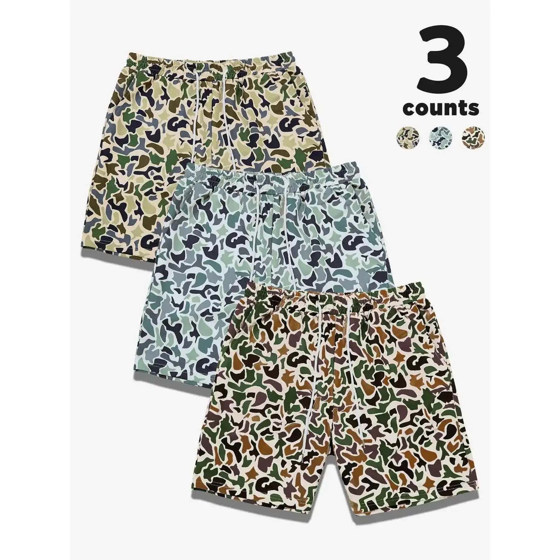 3pcs Men's Camo Print Shorts, Regular Fit Casual Street Shorts for Summer, Men's Bottoms for Daily Wear, Casual Streetwear Shorts