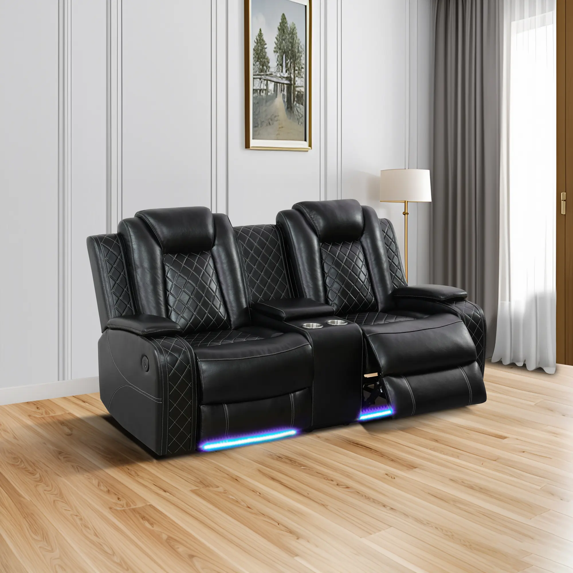 2-Seat Black Breathable Leather Sectional Recliner Loveseat - Recliner Chair, Adjustable Chaise Lounge, LED Lights, Storage Console, Storage Organizer, Dual Motor, Ergonomic Seat, Armrest, Sleek Design for Living Room Indoor Furniture