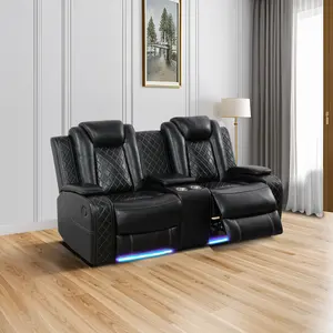 Black Breathing Leather Sectional Recliner Loveseat with LED Lights & Storage Console for Modern Interiors Sleek Design Comfortable Seating Adjustable Chaise Lounge