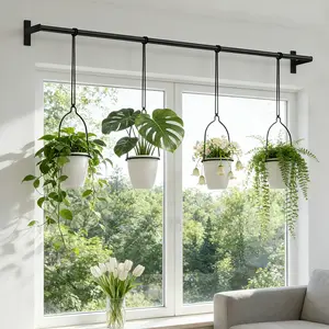 Metal Adjustable Hanging Planters With 4 Plastic Pots, Nylon Rope Hanger For Wall & Ceiling, Storage Rack, Vertical Herb Garden For Windowsill, Balcony & Indoor Outdoor Use