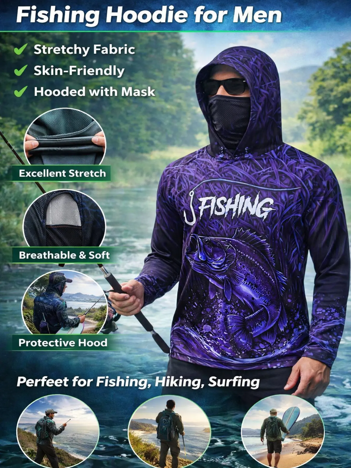 Men's Long Sleeve Fishing Hooded Top with Face Mask, Outdoor Fishing Clothing, Fishing Clothes, Fishing Gear, Sun-Protection UV Protection Top for Fisherman, Sports Top, Outdoor Tops, Outdoor Adventure, Practical, Outdoor Ready