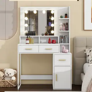 Summervibes,Mother's Day,YMW White Makeup Vanity Desk with Lights - 3 Drawers, 3 Open Shelves Cabinet, Stable Base, Wood Construction, Self-Install - Women's Bedroom Storage Organization Vanity Table Makeup Vanitydesk fathersdaygift