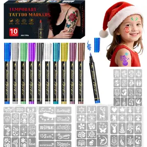 10 Colors Temporary Tattoo Pens for Skin – Bright Body Markers with Flexible Brush Tips, Cosmetic-Quality Face & Body Paint Kit, Easy to Use for DIY Designs, Parties, Festivals, and Christmas Gifts