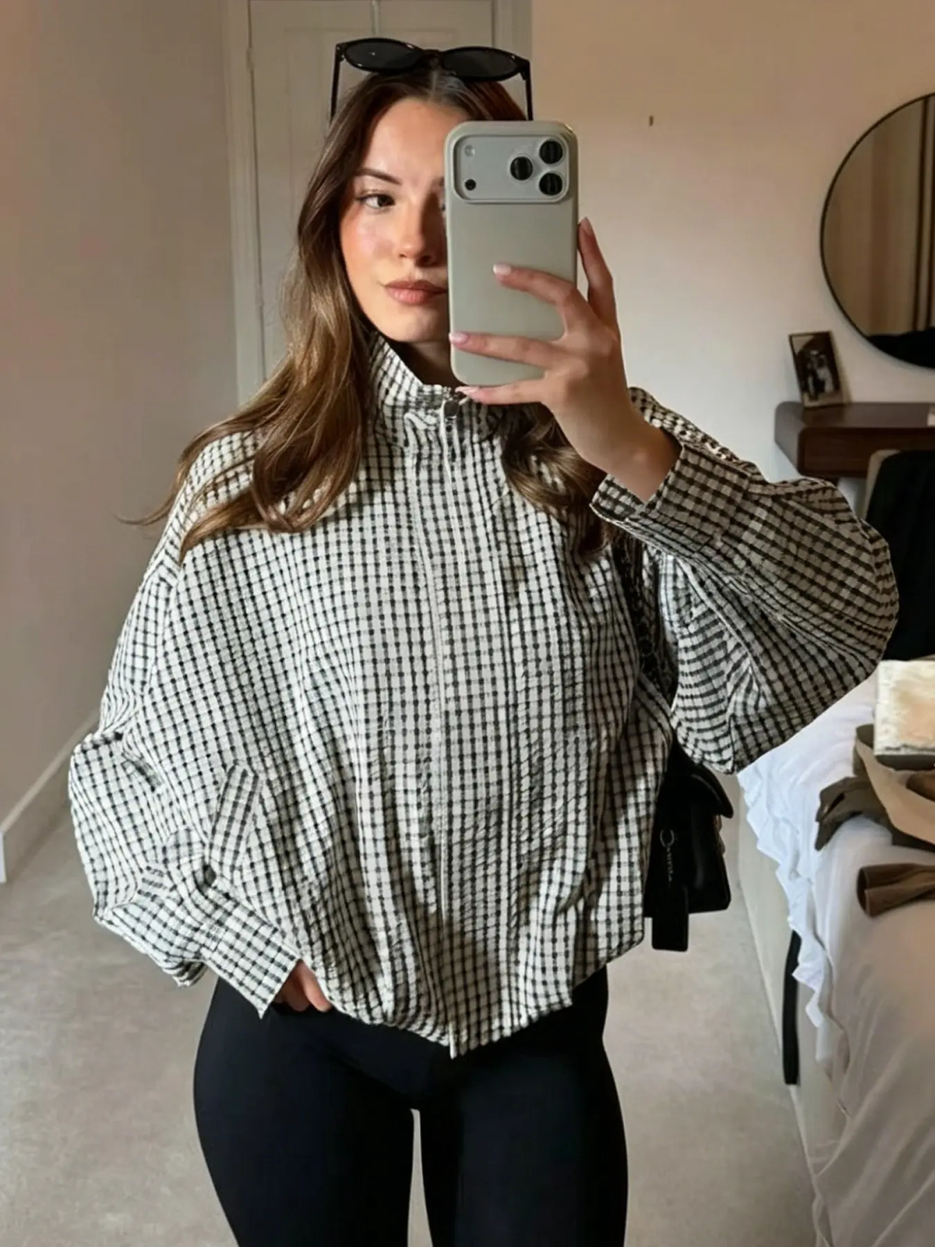 Women's Stand Collar Zip-Up Cropped Jackets, Black & White Gingham Jacket, 2026 New Casual Loose Fit Long Sleeve Top, Casual Collared Outerwear, Baggy